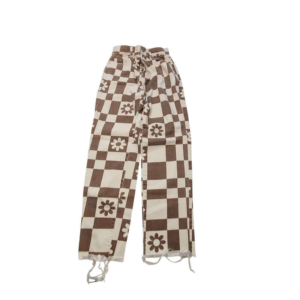 PacSun High Rise Straight Leg Jeans Brown Cream Checkered Floral Size 22 Boho
